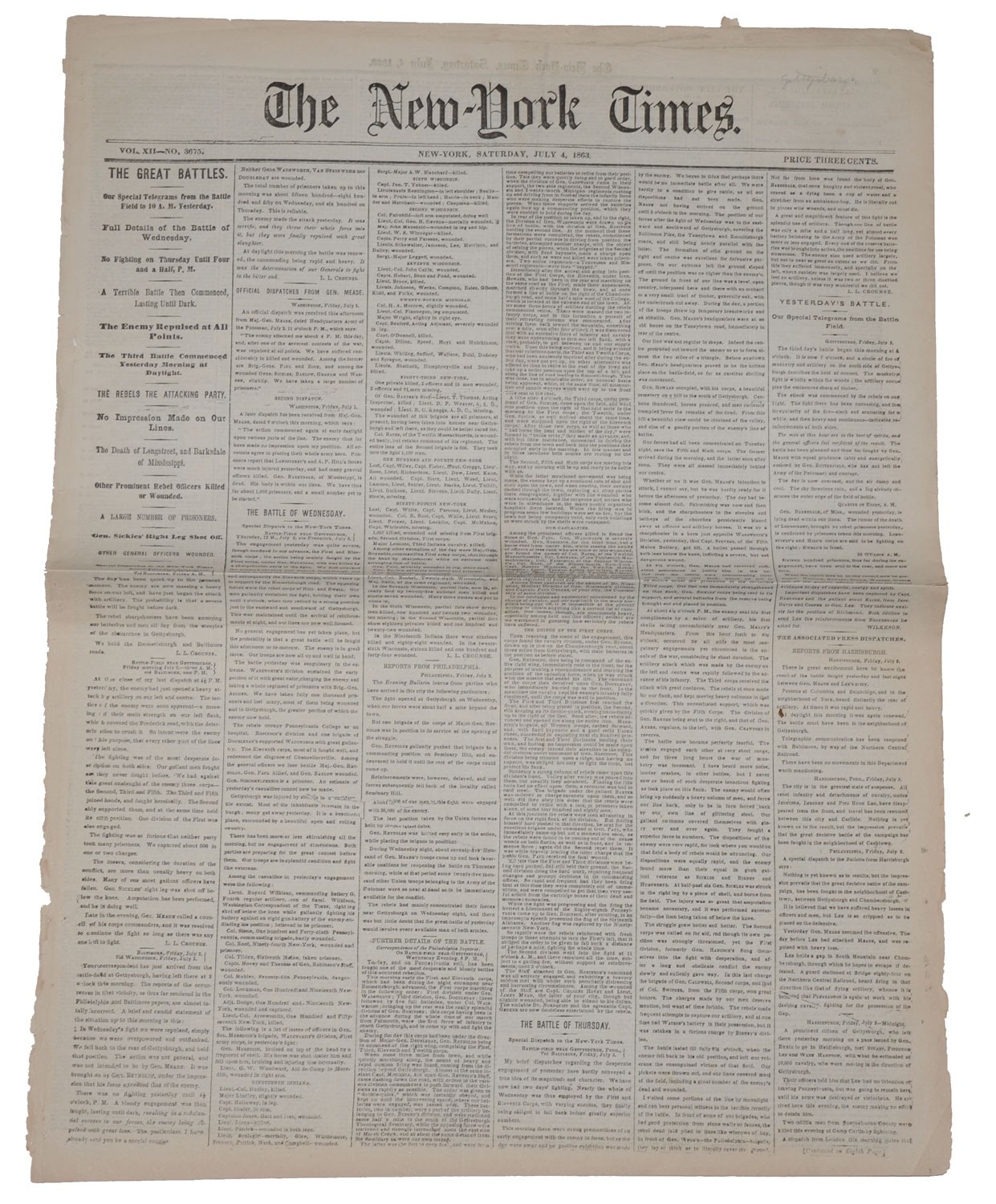 NEW YORK TIMES FOR SATURDAY JULY 4, 1863 - GETTYSBURG HEADLINES