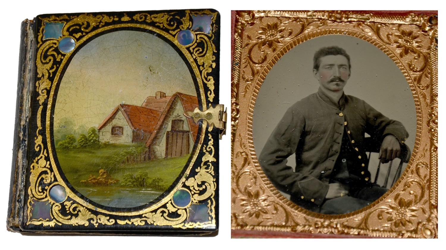 SIXTH PLATE TINTYPE OF SEATED UNION SOLDIER IN WONDERFUL MOTHER OF PEARL CASE
