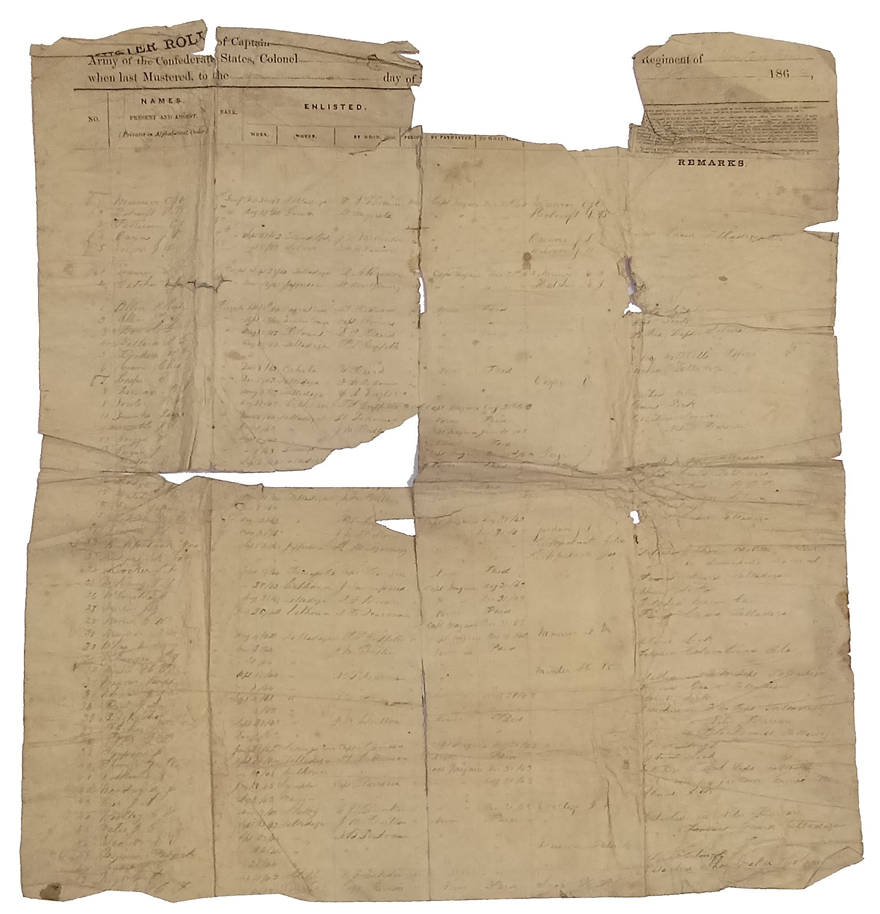 CONFEDERATE MUSTER ROLL SHEET FROM ALABAMA CAMP OF INSTRUCTION, CAMP BUCKNER, TALLADEGA