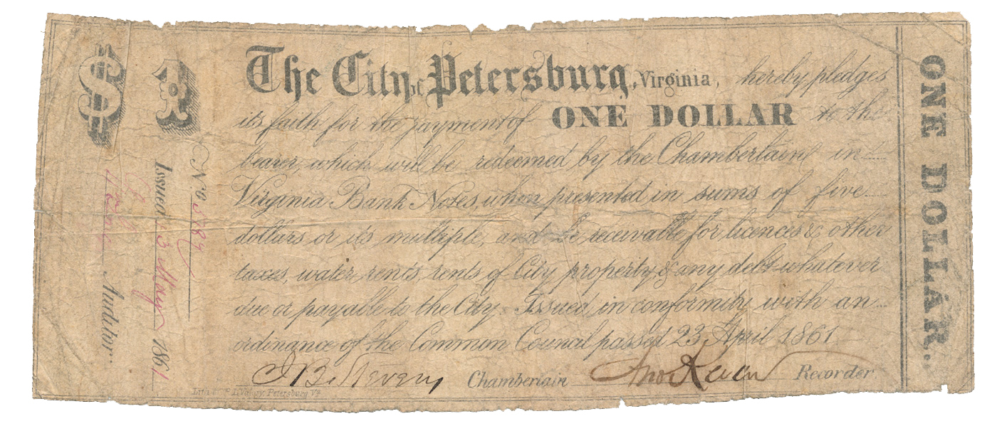 1861 PETERSBURG VIRGINIA $1 NOTE