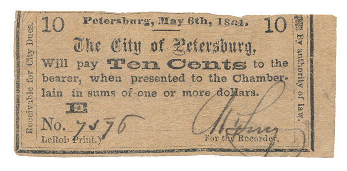 1862 PETERSBURG VIRGINIA 10 CENT NOTE