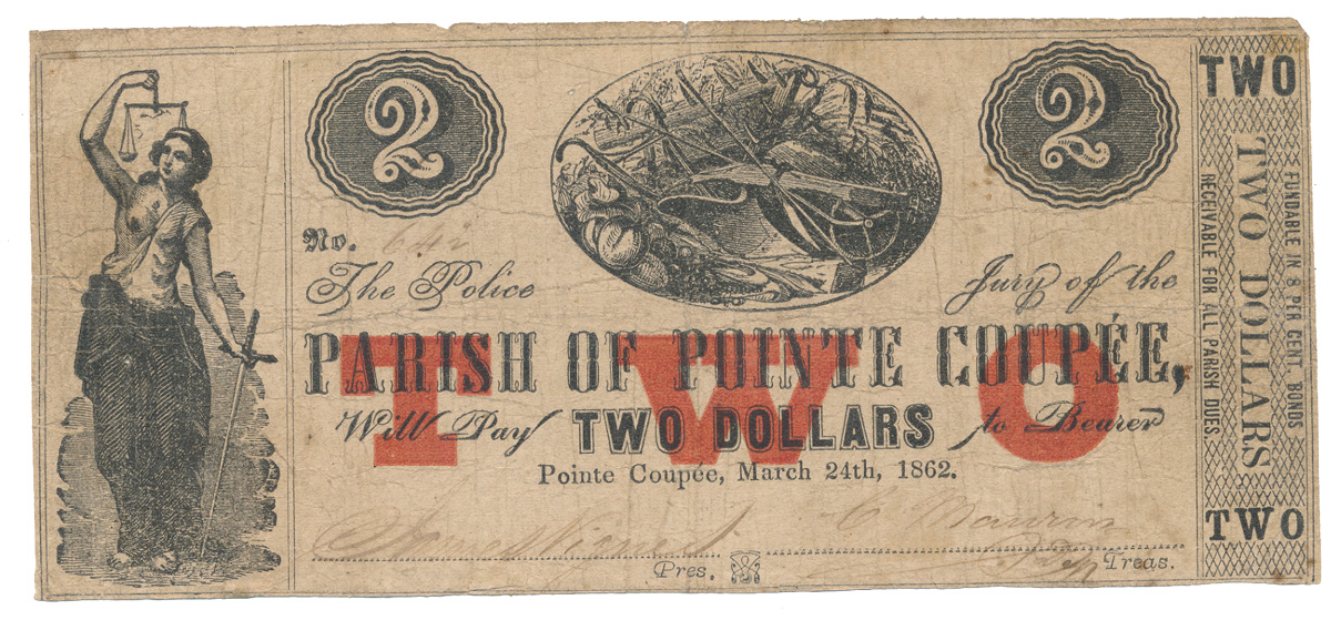 1862 PARISH OF POINTE COUPEE LOUSIANA $2 NOTE