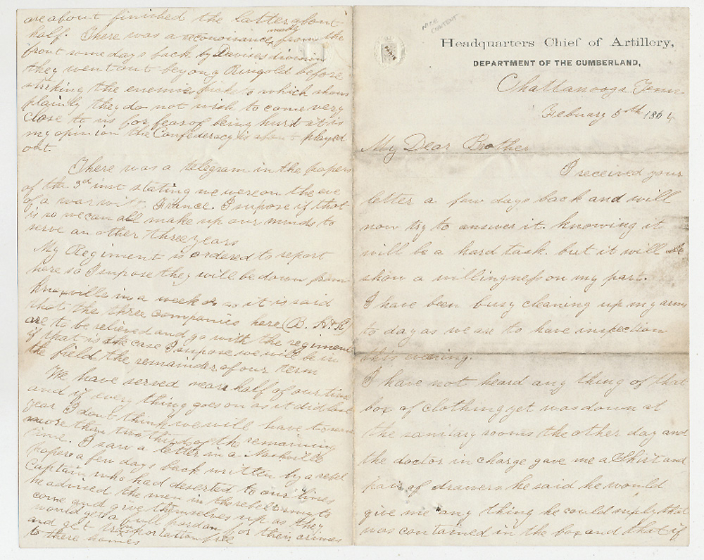 FEBRUARY 1864 SOLDIER LETTER—PRIVATE ADAM KREPS, CO. “F”, 15TH PA CAVALRY, TO HIS BROTHER