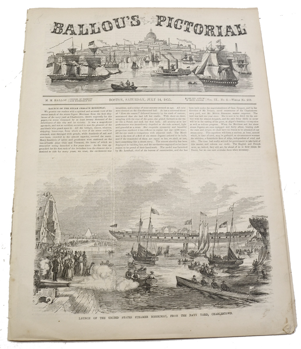 BALLOU’S PICTORIAL FOR JULY 1855 – LAUNCH OF THE USS MERRIMAC & BOSTON MILITIA
