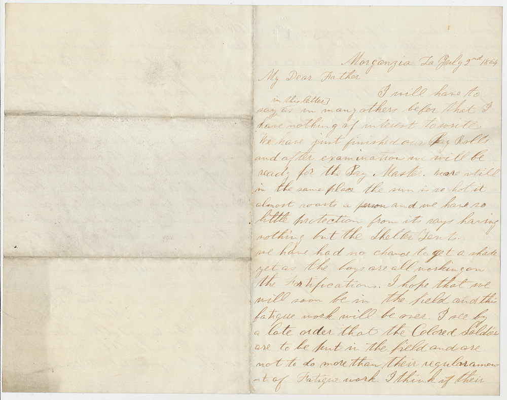 JULY 1864 SOLDIER LETTER—PRIVATE ADAM KREPS, CO. A, 67TH US COLORED TROOPS, TO HIS FATHER