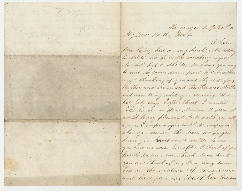 JULY 1864 SOLDIER LETTER—PRIVATE ADAM KREPS, CO. A, 67TH US COLORED TROOPS, TO HIS BROTHER DEMPSEY KREPS