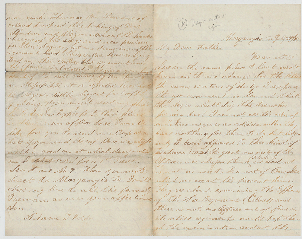 JULY 1864 SOLDIER LETTER—PRIVATE ADAM KREPS, CO. A, 67TH US COLORED TROOPS, TO HIS FATHER