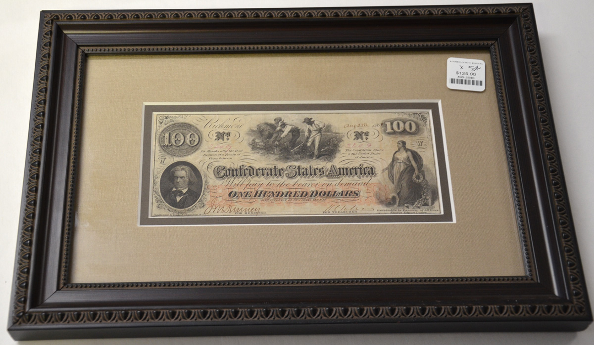 NICELY FRAMED CONFEDERATE $100 NOTE WITH INTEREST PAYMENT STAMP
