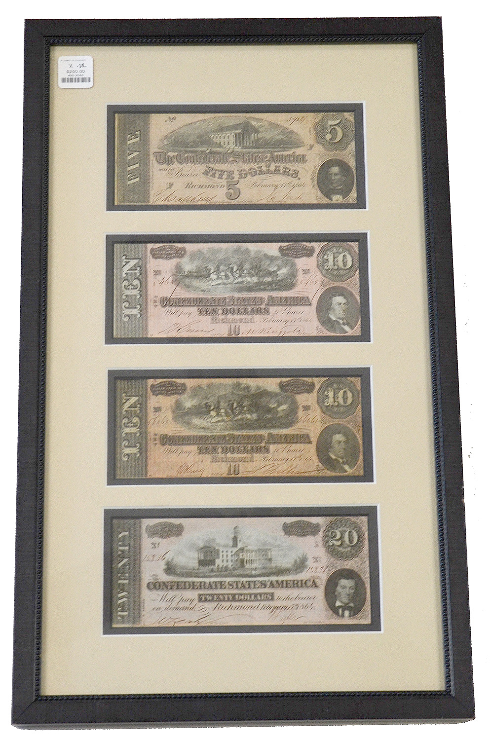 FRAMED AND MATTED DISPLAY OF CONFEDERATE CURRENCY