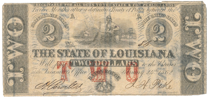 1862 LOUISIANA $2 BILL PRINTED ON BACK OF OLD TEXAS $2 BILL