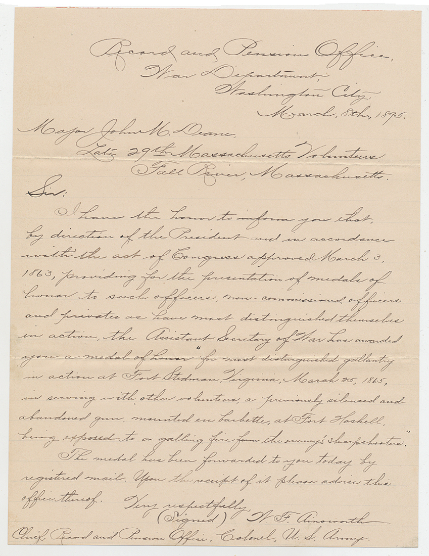 MEDAL OF HONOR NOTIFICATION LETTER—MAJOR JOHN MILTON DEANE, 29TH MASSACHUSETTS INFANTRY