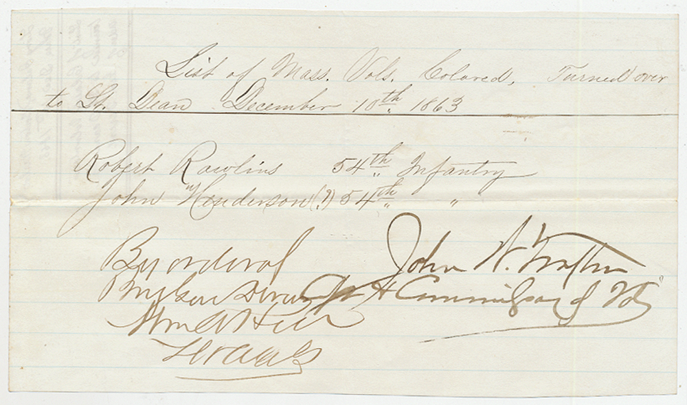 54th MASSACHUSETTS RECRUIT DOCUMENT – LIST OF VOLUNTEERS TURNED OVER TO LIEUT. JOHN M. DEANE, 29TH MASS INFANTRY, MEDAL OF HONOR RECIPIENT