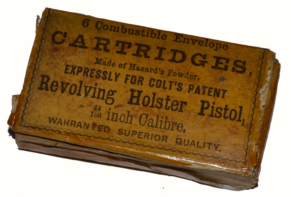 OPEN PACKAGE FOR .44 CALIBER CARTRIDGES FOR “REVOLVING HOLSTER PISTOL” WITH BULLETS