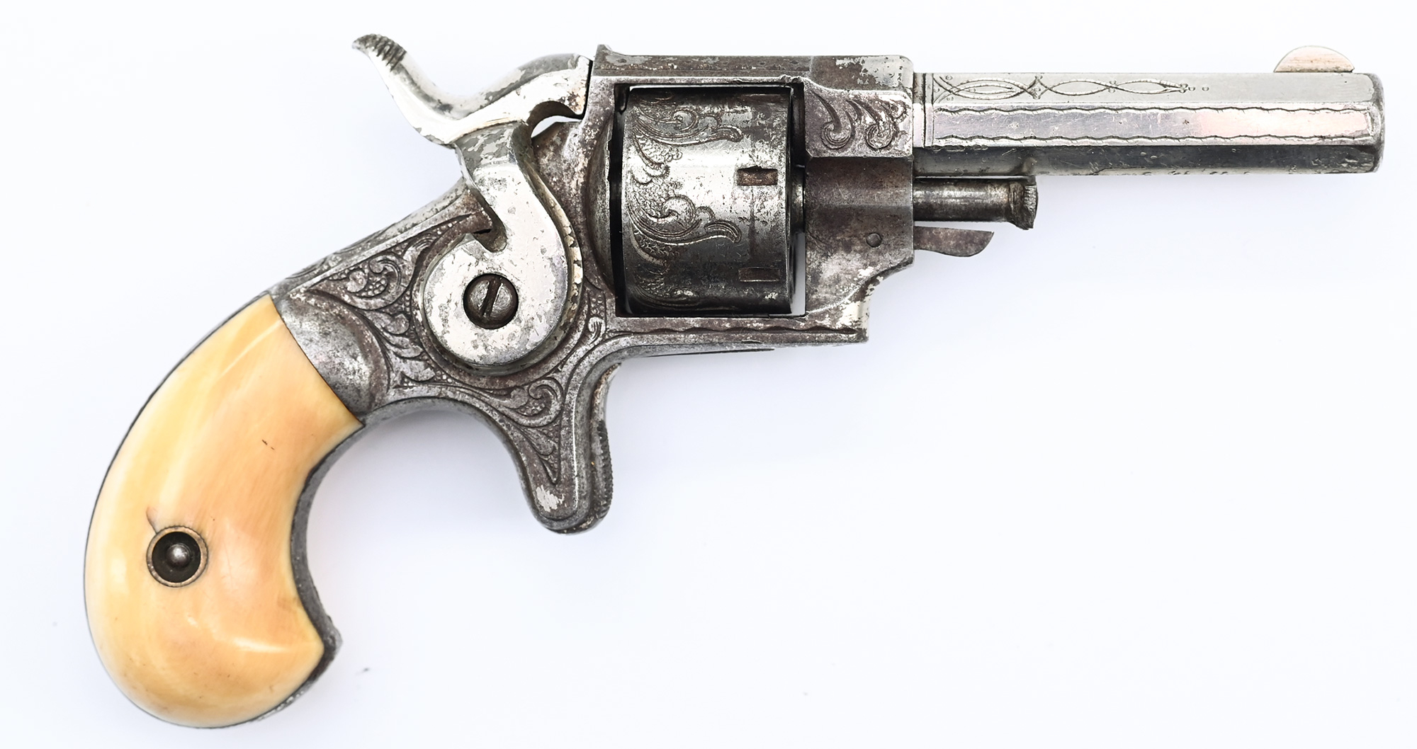 PRETTY SILVERED AND IVORY GRIPPED ETHAN ALLEN & CO. SIDE HAMMER .22 RIMFIRE REVOLVER