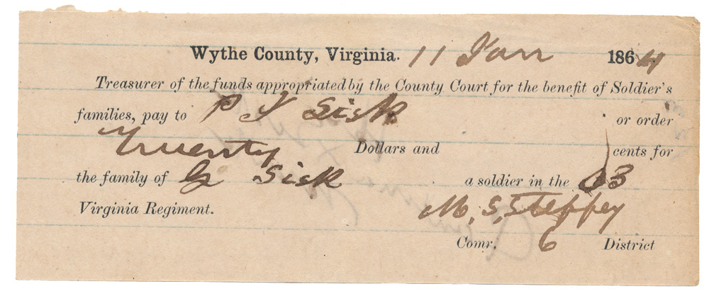 ALLOTMENT CHECK FOR WYTHE COUNTY, VA SOLDIER’S WIFE – C.R. CREAGER, 45TH VIRGINIA