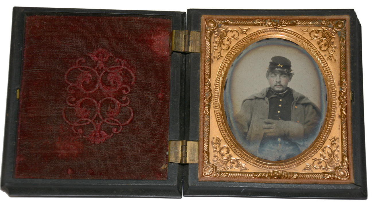 SIXTH PLATE AMBROTYPE OF SOLDIER IN GUTTA PERCHA UNION CASE