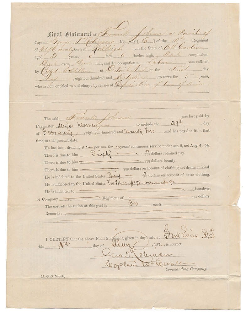 PRIVATE FRANK JOHNSON, CO. “E”, 10TH U.S. CAVALRY [“BUFFALO SOLIDERS”] - “FINAL STATEMENT”