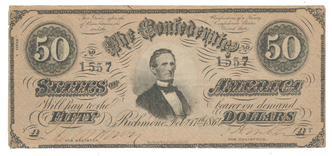 1864 CSA T-66 $50 NOTE FEATURING JEFFERSON DAVIS