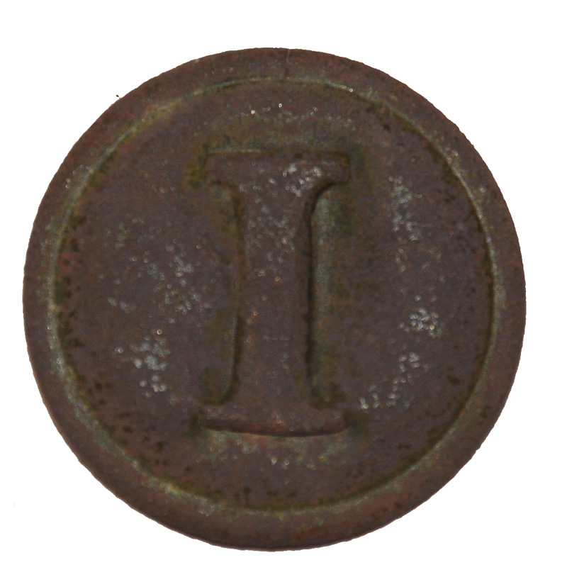 CONFEDERATE BLOCK “I” COAT BUTTON FROM THE PEACH ORCHARD, GETTYSBURG