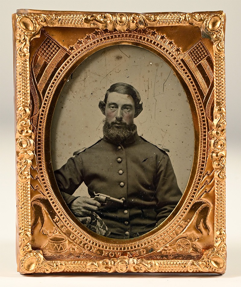 NINTH PLATE AMBROTYPE OF SOLDIER WITH ALLEN SIDEHAMMER RIMFIRE REVOLVER