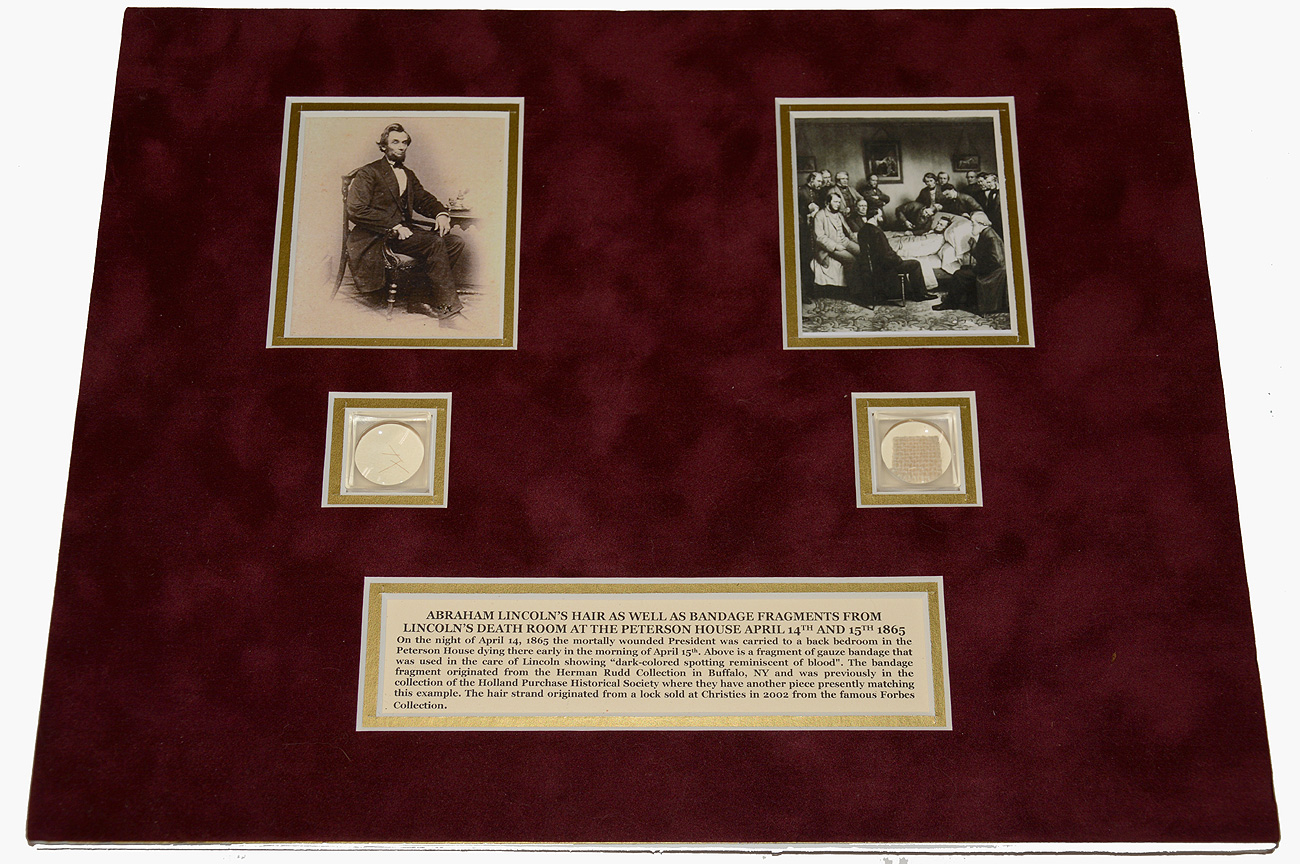 ABRAHAM LINCOLN HAIR & BANDAGE FRAGMENT FROM THE PETERSON HOUSE