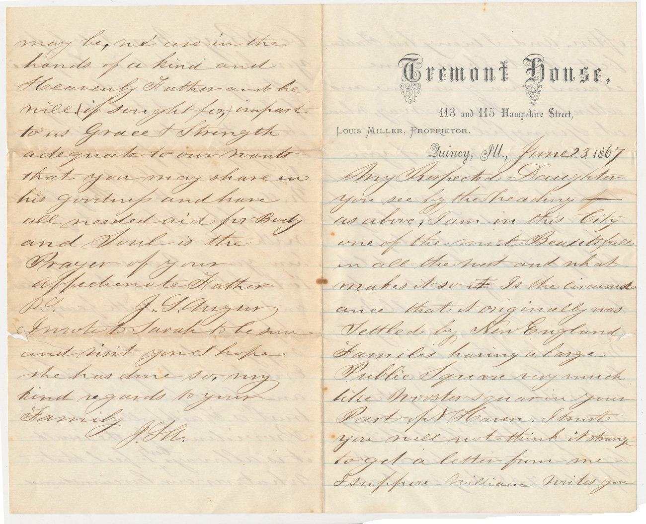 1867 DATED UNION VETERAN LETTER—PRIVATE JULIUS AUGUR, 15TH & 7TH CONNECTICUT INFANTRY