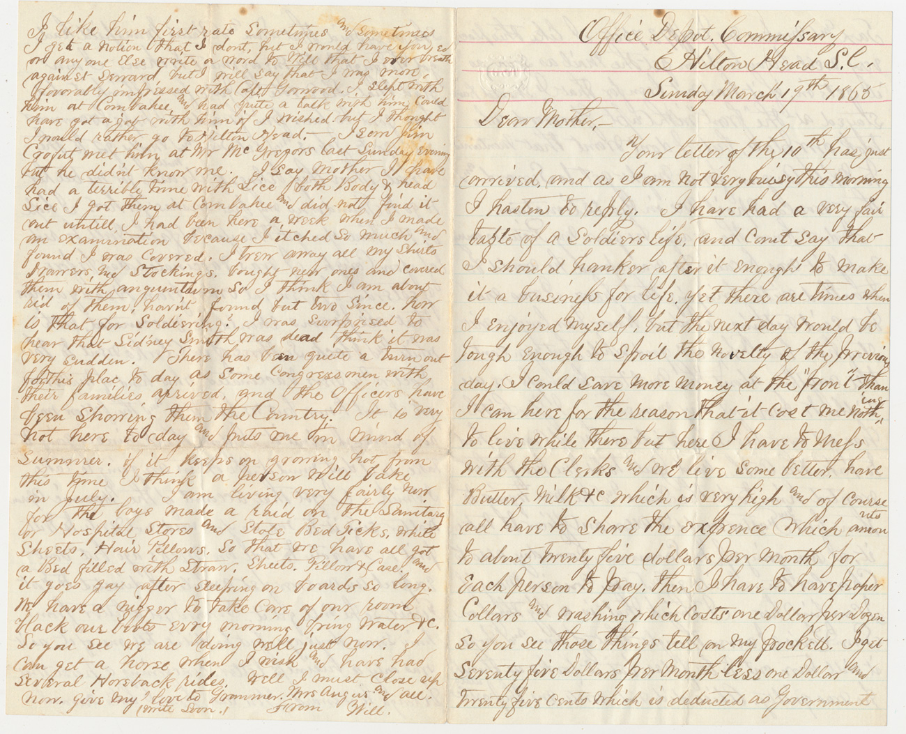 UNION ARMY CIVILIAN / COMMISARY CLERK LETTER—IDENTIFIED AS “WILL”