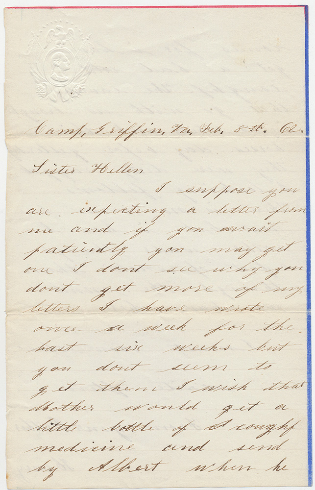 FEBRUARY 1862 UNION SOLDIER LETTER—PRIVATE HENRY L. COOLEY, CO. “C”, 2ND VERMONT INFANTRY [GETTYSBURG REGIMENT]