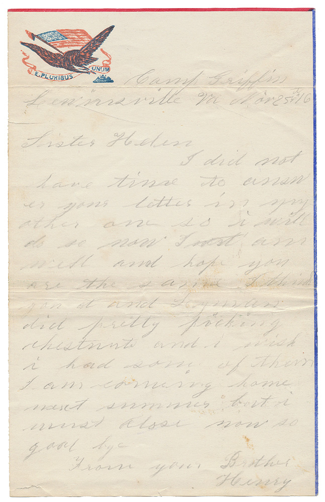 MARCH 1862 UNION SOLDIER LETTER—PRIVATE HENRY L. COOLEY, CO. “C”, 2ND VERMONT INFANTRY [GETTYSBURG REGIMENT]