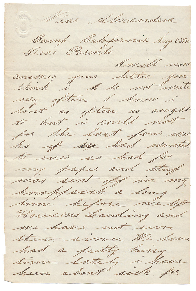 AUG. 1862 UNION SOLDIER LETTER - PRIVATE HENRY L. COOLEY, CO. “C”. 2ND VERMONT INFANTRY