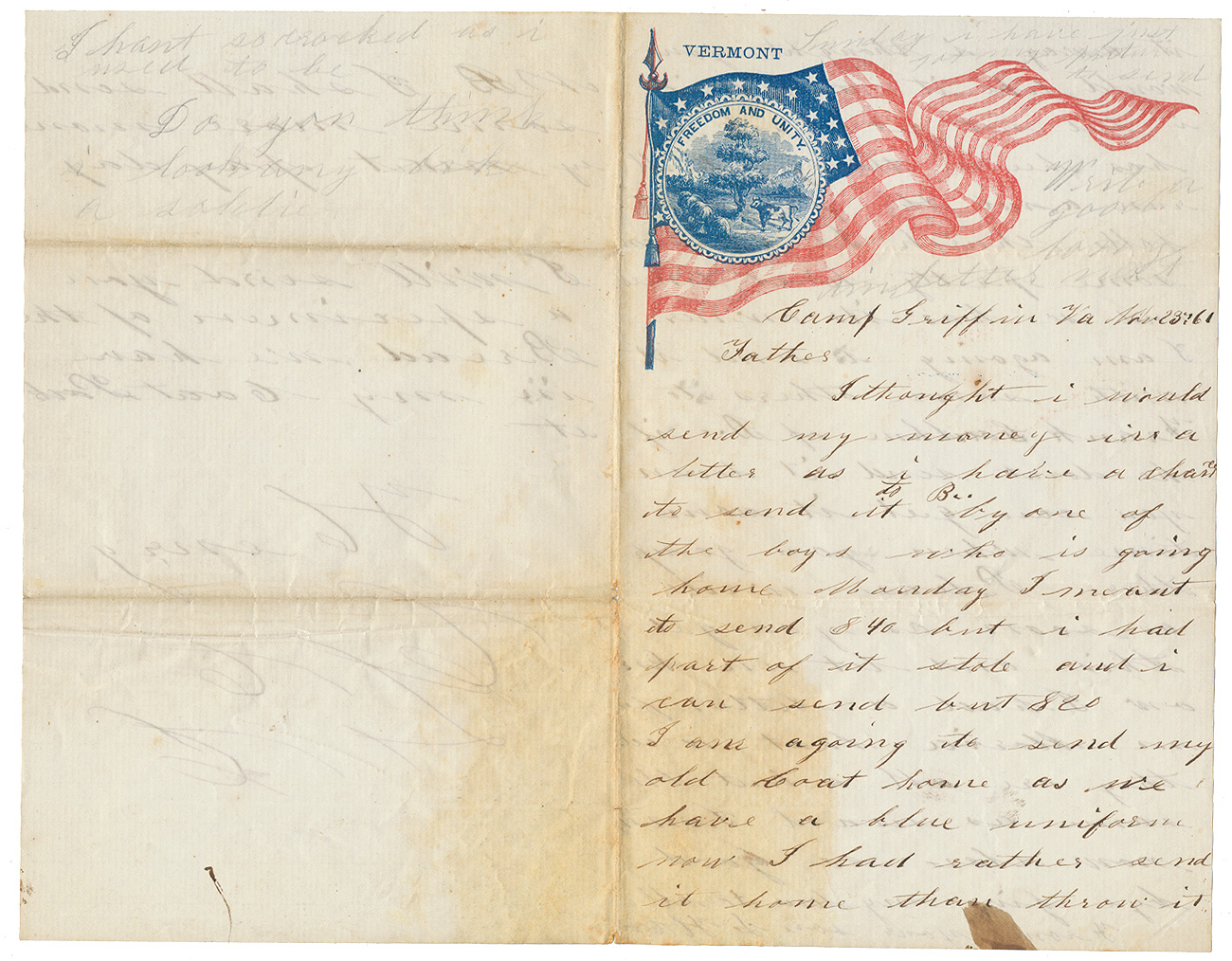 NOV. 1861 UNION SOLDIER LETTER - PRIVATE HENRY L. COOLEY, CO. “C”. 2ND VERMONT INFANTRY