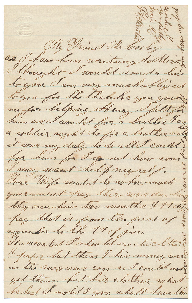 UNION SOLDIER LETTER—PRIVATE PHILANDER A. STREETER, Co. “C”, 2nd VERMONT INFANTRY [Gettysburg regiment]