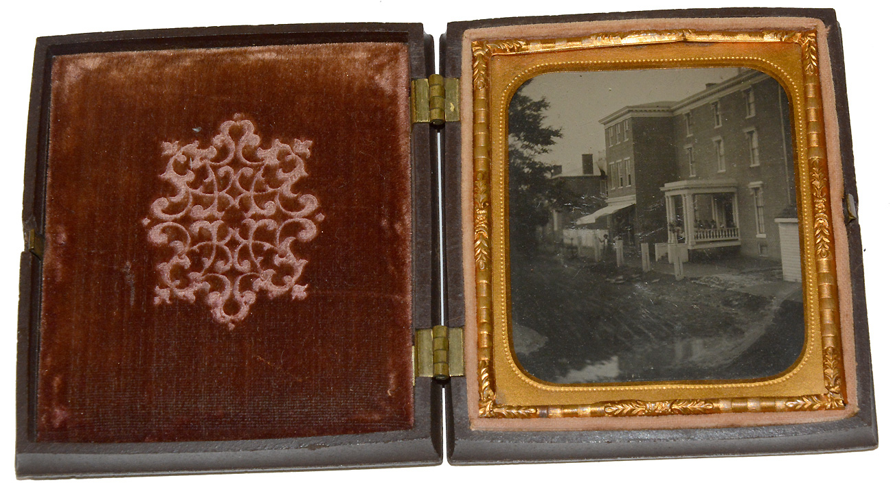 SIXTHPLATE OUTDOOR TINTYPE OF THE MCMECHEN HOUSE AND STORE IN MOOREFIELD, WEST VIRGINIA — Horse