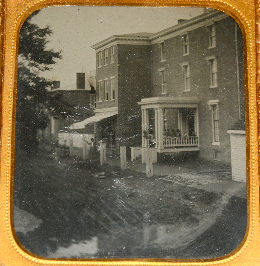 SIXTHPLATE OUTDOOR TINTYPE OF THE MCMECHEN HOUSE AND STORE IN MOOREFIELD, WEST VIRGINIA — Horse