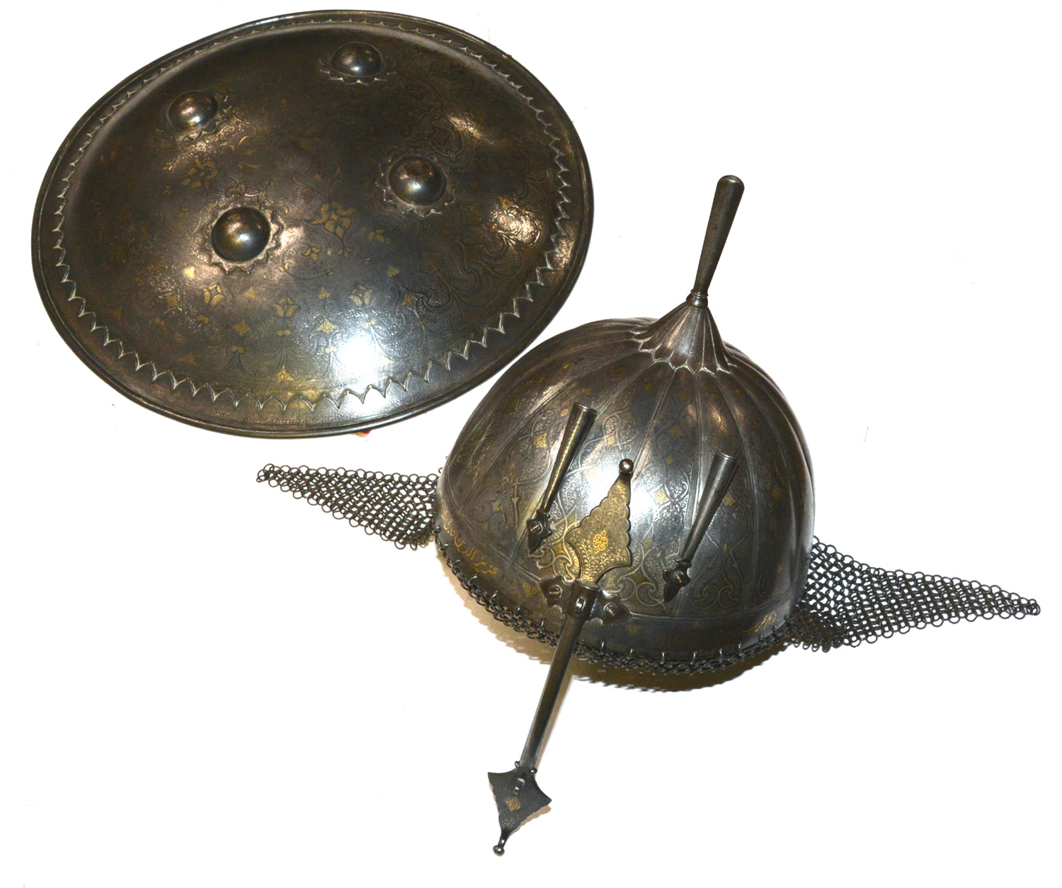 BEAUTIFUL MOGHUL INDIAN HELMET (“TOP”) AND MATCHING SHIELD (“SIPAR”),  18TH – EARLY 19TH CENTURY