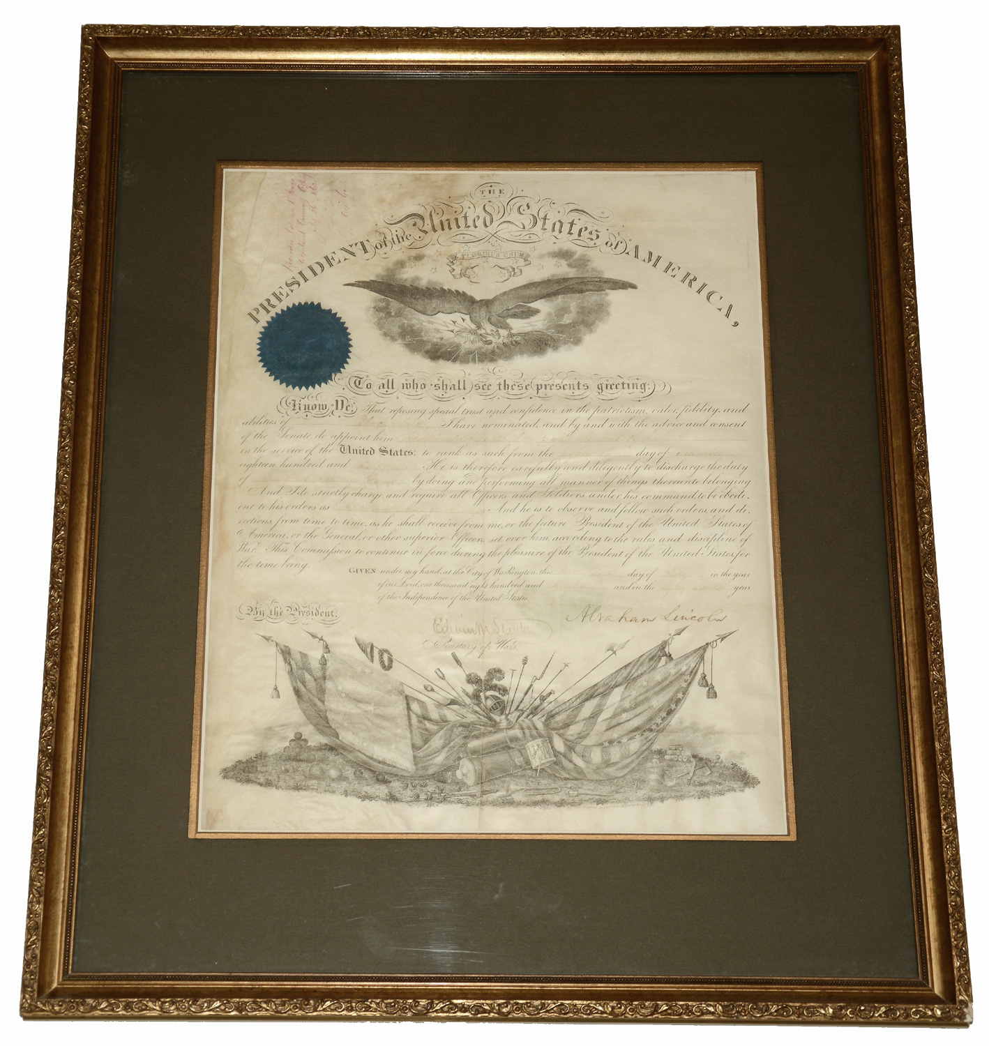 ABRAHAM LINCOLN SIGNED COMMISSION OF COLONEL JOHN S. CLARK, AIDE-DE-CAMP AND HEAD OF INTELLIGENCE FOR GENERAL BANKS