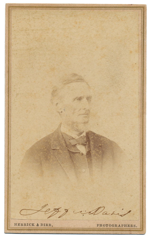 CDV OF CONFEDERATE STATES PRESIDENT JEFF DAVIS, SIGNED, VICKSBURG BACKMARK