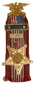 PRESENTATION GOLD G.A.R. BADGE TO DEPARTMENT COMMANDER H. T. DUNBAR WITH 5th CORPS BADGE AND BUCKTAILS BAR