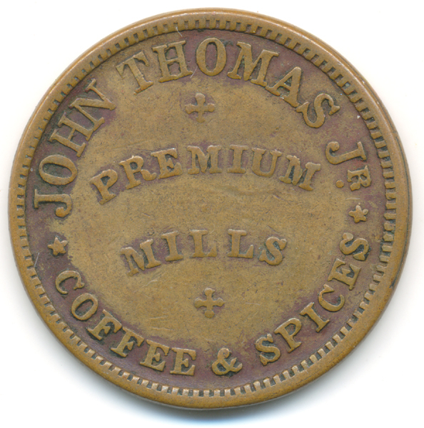 Coffee Tokens JOHN THOMAS JR., CIVIL WAR SUTLER COFFEE TOKEN - 1863 — Horse Soldier