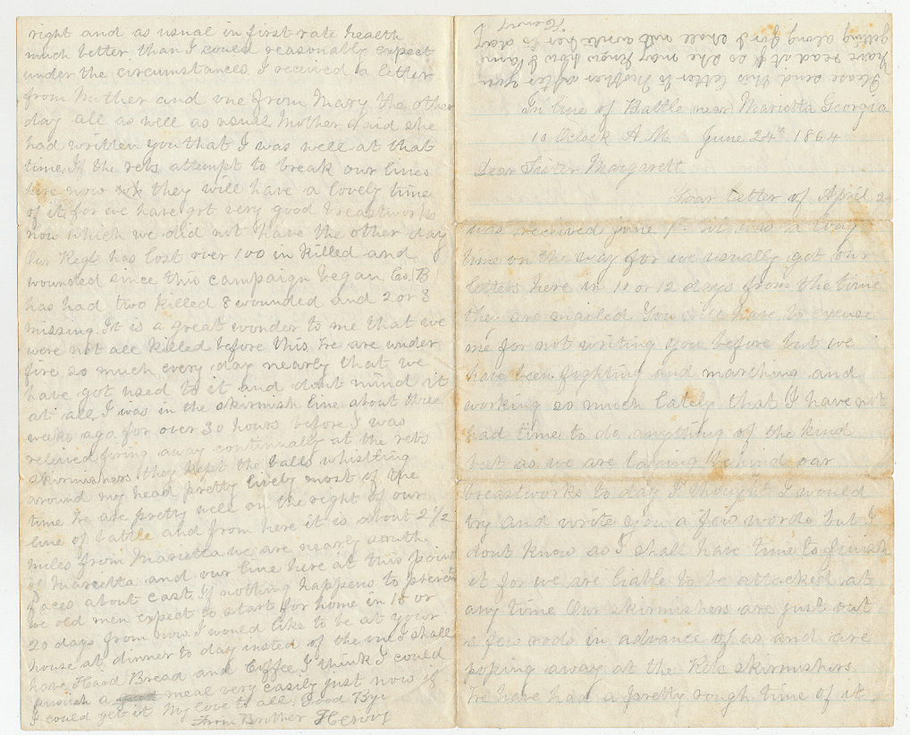 JUNE 1864 UNION SOLDIER LETTER—HENRY F. PRINDLE, Co. “B”, 5th CONNECTICUT INFANTRY; WRITTEN WHILE LYING IN LINE OF BATTLE DURING ATLANTA CAMPAIGN