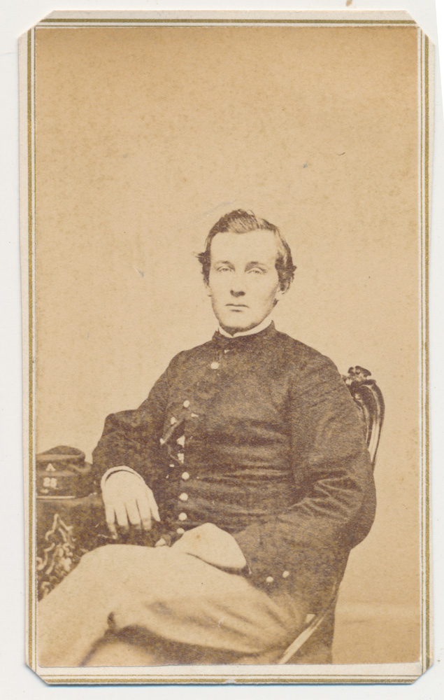 THREE-QUARTER SEATED VIEW OF 25TH MASSACHUSETTS PRIVATE KILLED AT DREWRY’S BLUFF – WILLIAM E. HOLMAN