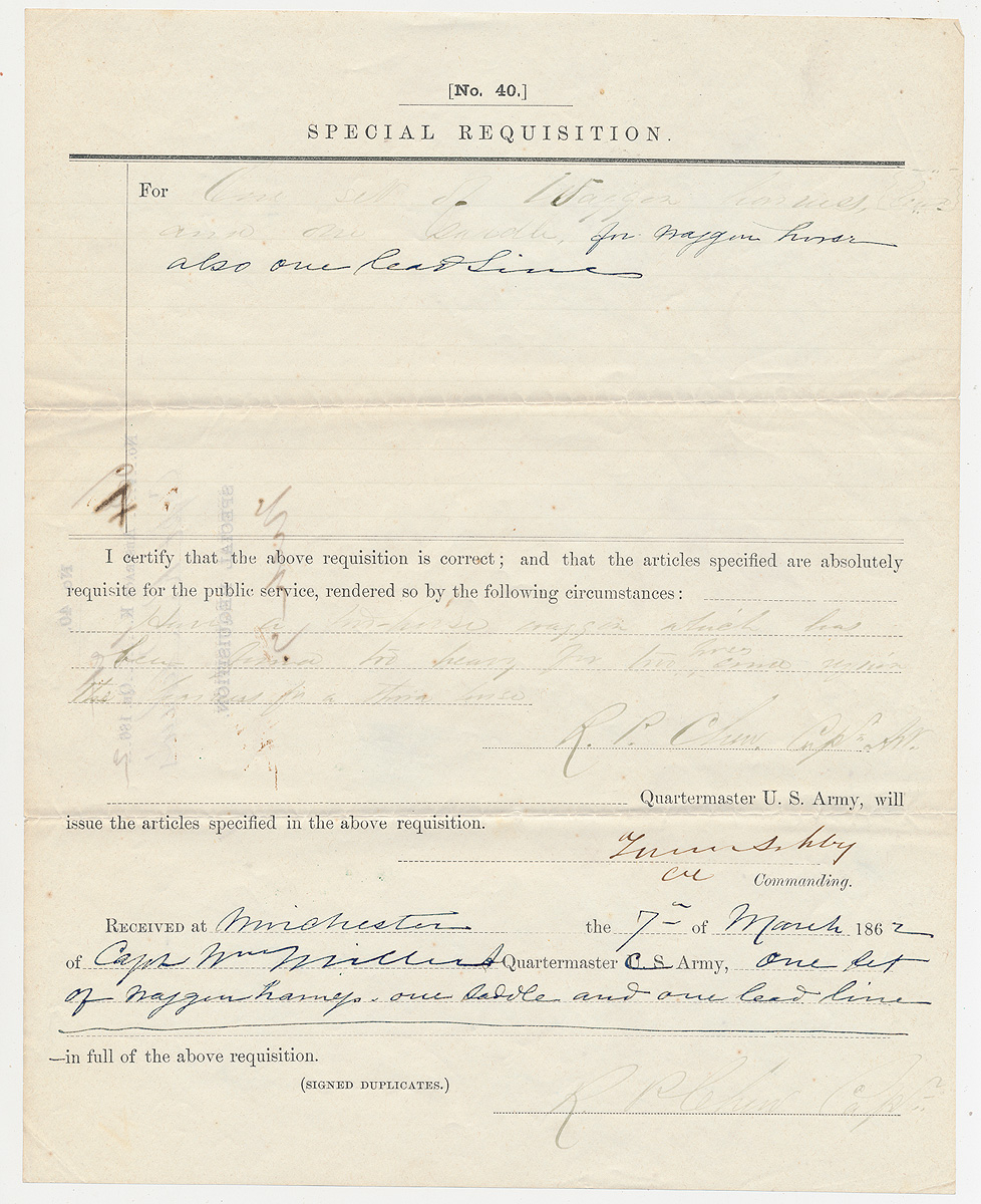 MARCH 1862 CONFEDERATE “[NO. 40.] SPECIAL REQUISTION” SIGNED BY TURNER ASHBY