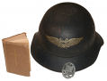 WORLD WAR TWO GERMAN LUFTSCHUTZ HELMET WITH GERMAN INFANTRY ASSAULT BADGE AND AMERICAN POCKET TESTAMENT FROM THE SOLDIER WHO BROUGHT THE ITEMS HOME