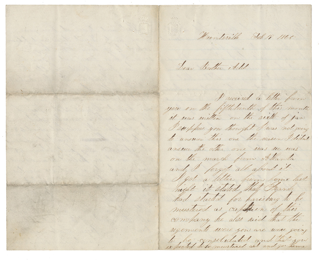 FEBRUARY 1865 SOLDIER LETTER - PRIVATE DAVID D. KREPS, 77TH PENNSYLVANIA INFANTRY, TO HIS BROTHER "ADD" [ADAM]
