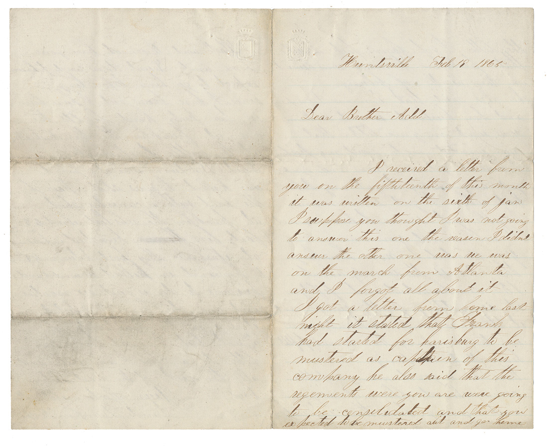 FEBRUARY 1865 SOLDIER LETTER - PRIVATE DAVID D. KREPS, 77TH PENNSYLVANIA INFANTRY, TO HIS BROTHER 
