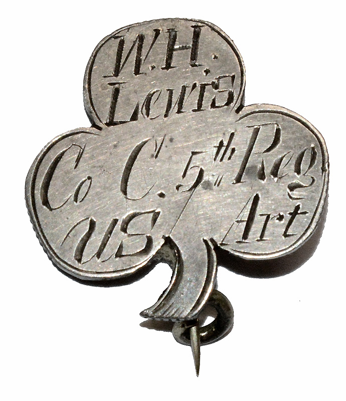 INSCRIBED SECOND CORPS BADGE OF WILLIAM LEWIS, BATTERY C, 5TH U.S. ARTILLERY, PRIOR SERVICE 32ND PA - SEVERELY WOUNDED AT COLD HARBOR 1864