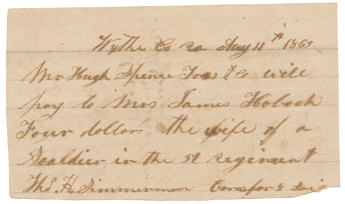 ALLOTMENT CHECK FOR WYTHE COUNTY, VA SOLDIER’S WIFE