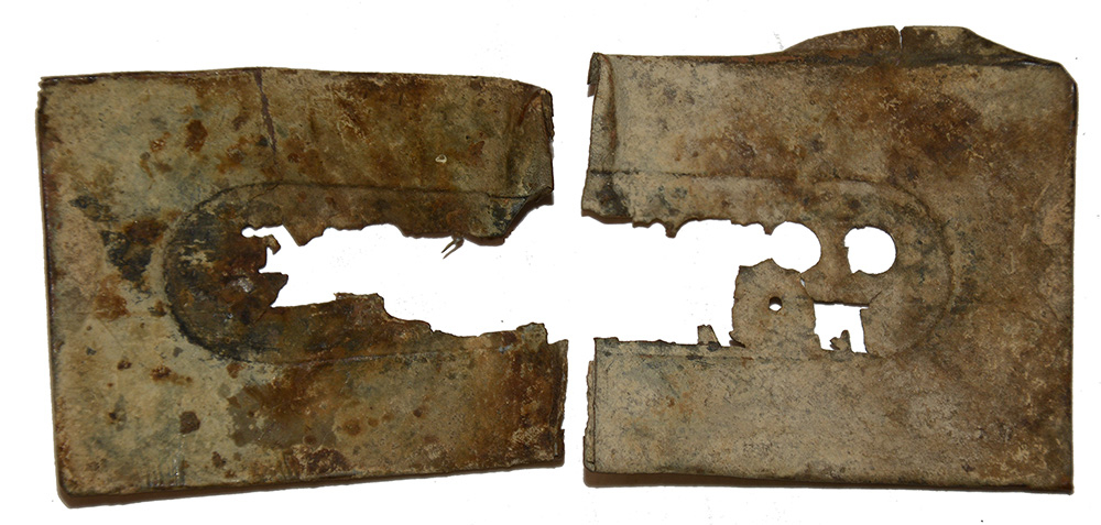 REMAINS OF BRASS SOLDIER’S STENCIL, RECOVERED AT HANSBOROUGH RIDGE -- BILL GAVIN COLLECTION
