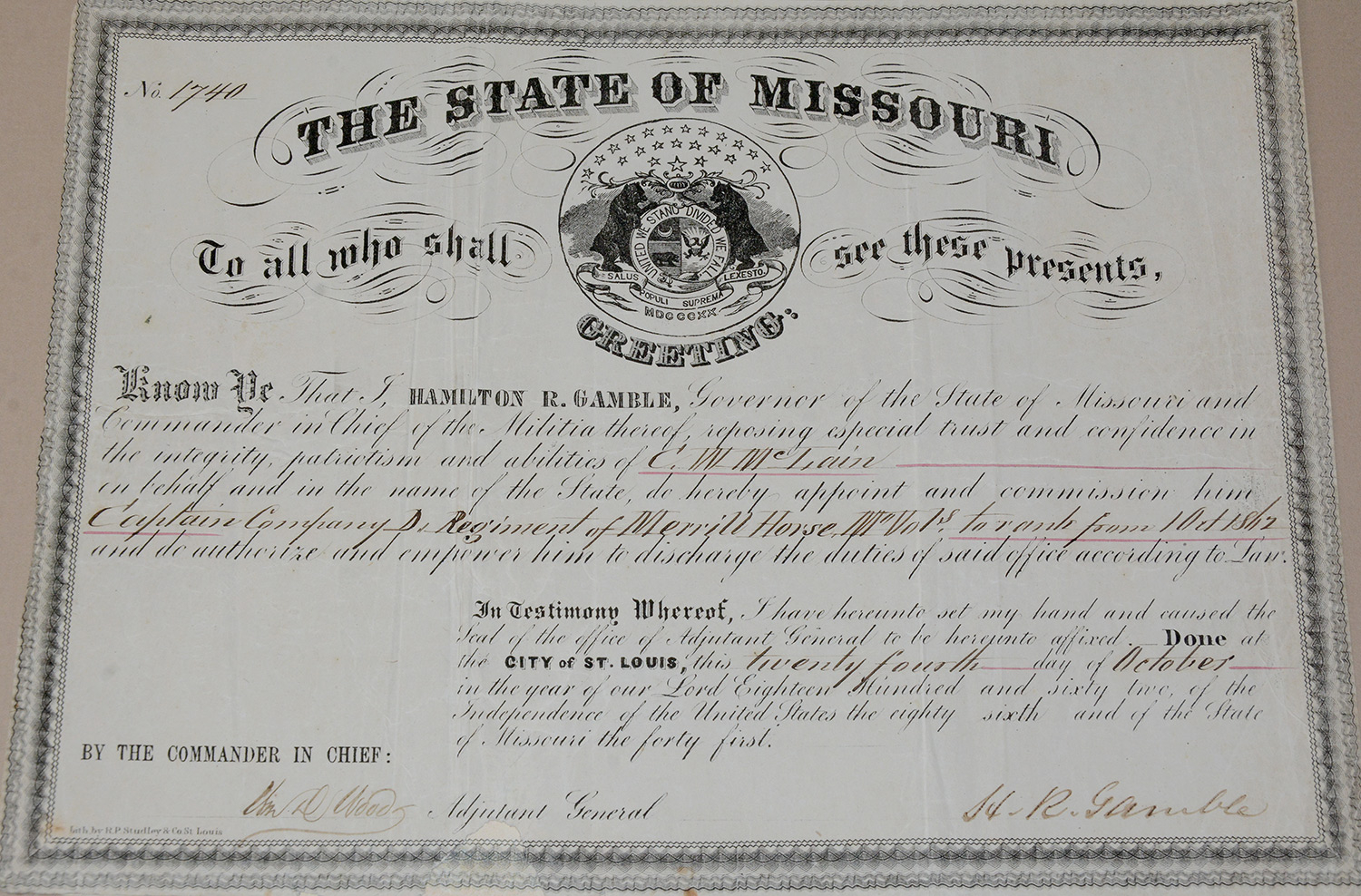 MISSOURI STATE COMMISSION CAPTAIN C.W. McCLAIN, CO. “D”, MERRILL’S