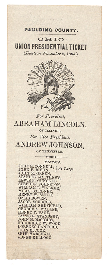 UNION PRESIDENTIAL TICKET RIBBON—LINCOLN AND JOHNSON-- PAULDING COUNTY ...